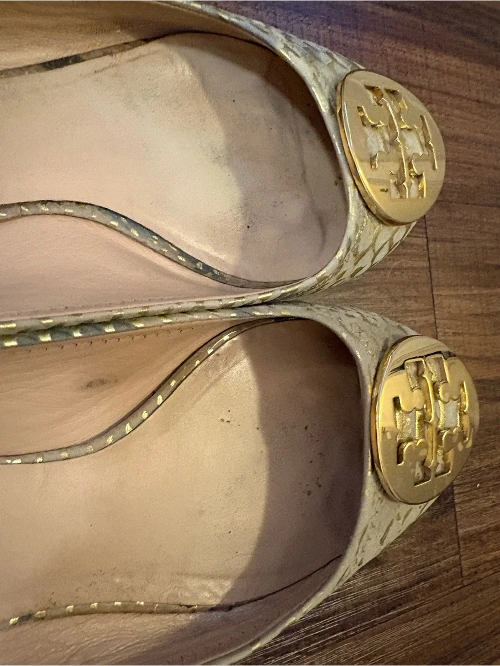 Tory Burch Metallic Gold Python-Embossed Logo Ballet Flats size 8